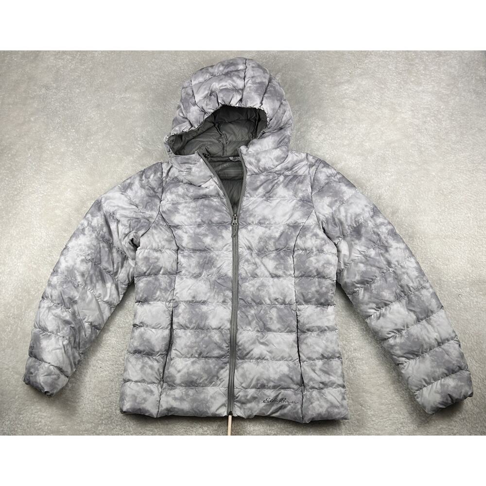 Eddie Bauer EB650 Down Puffer Jacket Womens PXS White Splatter Hooded Parka Coat
